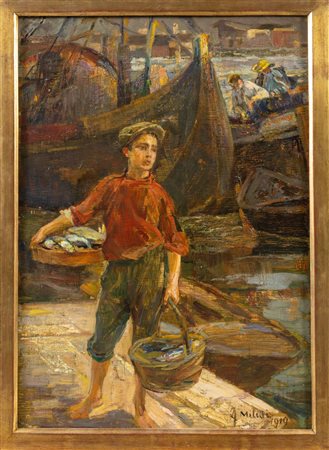 Pittore del XIX secolo, Bambino con pesci e cestino al porto.