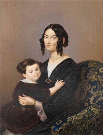 Pittore del XIX secolo. Ritratto di nobildonna con bambina.