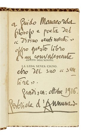 D'Annunzio Gabriele, Dedica su libro La Leda senza cigno Milano, Fratelli Treves 1916. 