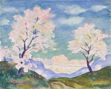 Karl Schattanek (Wien/Vienna 1890 - Innsbruck 1965) Alberi in fiore davanti...