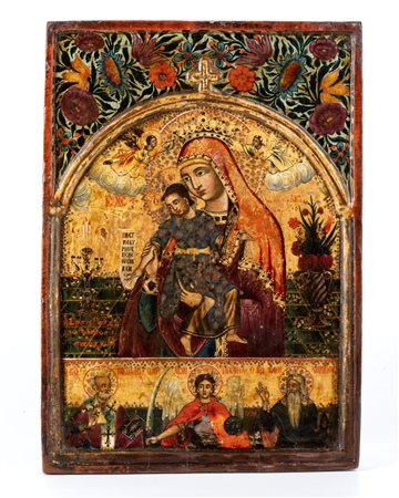 Icona ortodossa raffigurante Madonna con Bambino e pergamena Fine XVIII...