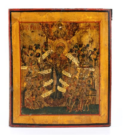 Icona Russa raffigurante Madonna con sinassi di santi XIX secolo Tempera su...