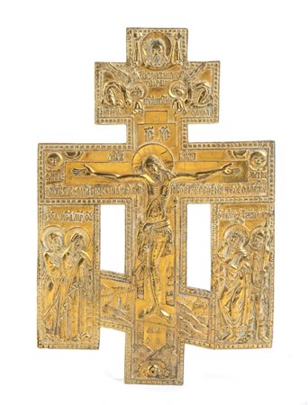 Icona russa da viaggio in bronzo raffigurante la croce ortodossa XIX secolo...