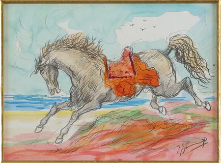 GONZAGA GIOVAN FRANCESCO (1921 - 2007) Cavallo sulla spiaggia. Tecnica mista...