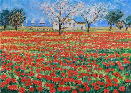 CASCELLA MICHELE (1892 - 1989) Campo di papaveri. Olio su tela . Cm 70,00 x...