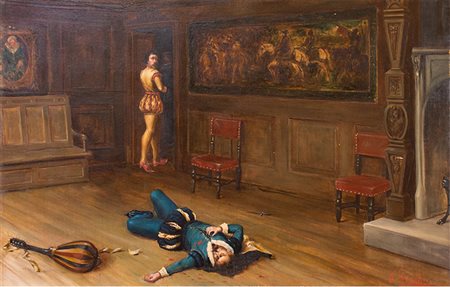 Scuola inglese Dipinto raffigurante "Scena di delitto" II metà XIX sec. Olio...
