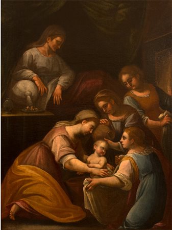 Italia Centrale Dipinto raffigurante "Natività della Vergine" I metà XVII...