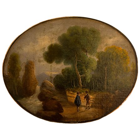 Scuola fiamminga Coppia di dipinti: A "Paesaggio con due figure maschili...