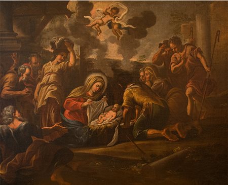 Scuola italiana Dipinto raffigurante "Natività" fine XVII sec. Olio su tela;...
