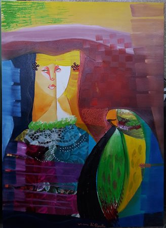 Vittorio Maria Di Carlo "Donna con pappagallo" - Olio su tela - cm 70x50 -...