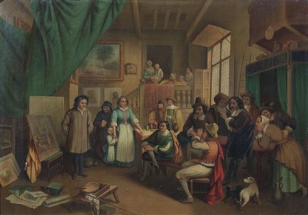 Pittore del XIX secolo "Scena in un interno" cm. 27x39 - olio su tela