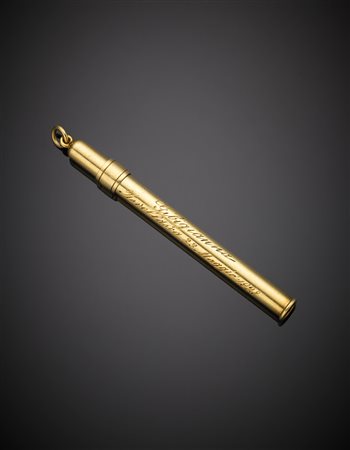 Portamatita in oro con dedica, netti g.7,40 lungh. cm 7,7 Yellow gold pencil...