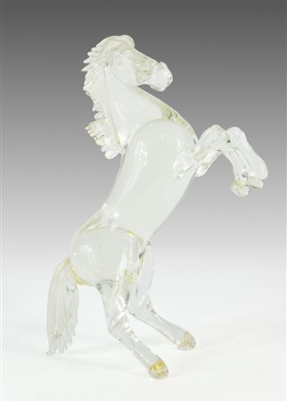 Scultura in vetro trasparente di Murano raffigurante cavallo imbizzarrito. H....