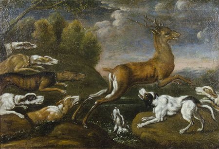 Maestri del XVII secolo "Scena di caccia al cervo" cm. 36x53 - olio su tela...
