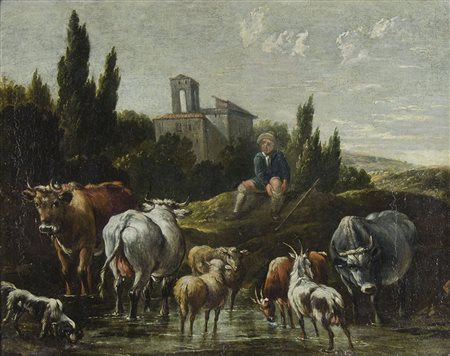 Maestro del XVIII secolo "Paesaggio con armenti" cm. 42x52 - olio su tela...