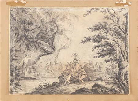ARTISTA DEL XIX SECOLO Paesaggio con personaggi. 1830. Carboncino e matita ....