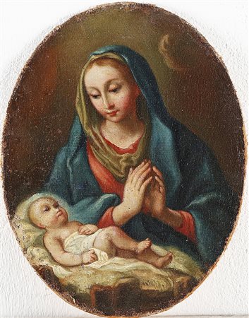 ARTISTA DEL XVII SECOLO. Madonna con bambino. . Olio su tela ovale. Cm 16,00...
