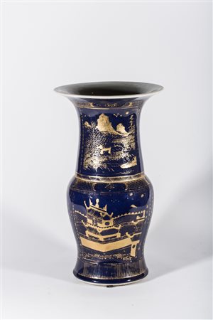 Arte Cinese Vaso a balaustro in porcellana a fondo blu Cina, dinastia Qing,...