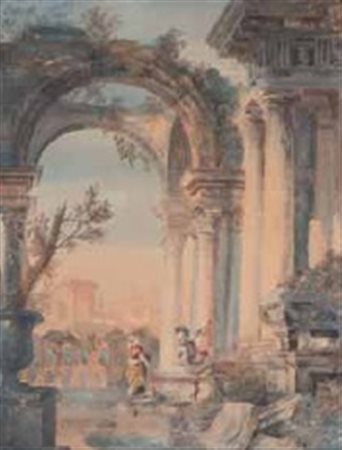 Scuola Veneta del XIX secolo PAESAGGIO CON ROVINE acquerello su carta...