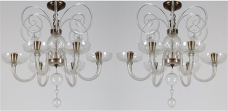 SCARPA CARLO (1906 - 1978) Coppia di lampadari a sei luci in vetro...