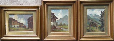 Angelo Forneris "Paesaggi montani" lotto di tre opere - Olio su tavola - cm...