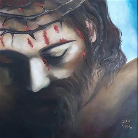 CARLA RUSSO Gesù Cristo olio su tela cm. 80x80 dichiarazione d’autenticità...