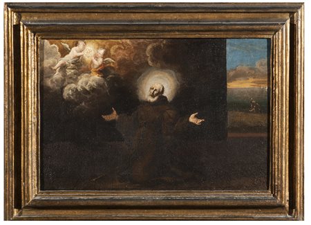 Scuola del sec. XVII. "L'estasi di San Francesco", olio su tela (cm 50x63)....