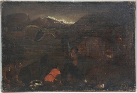 Da Jacopo Bassano. "Figure nel villaggio" olio su tela (cm 74x110) (difetti e...