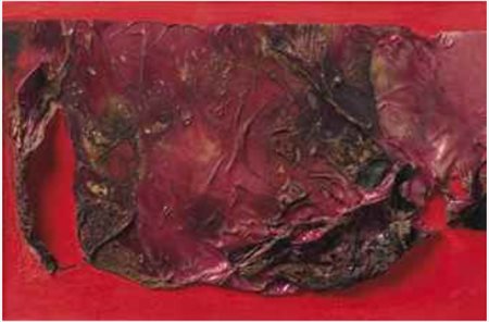Alberto Burri (1915-1995) Rosso plastica iscrizione, firma e data BURRI 61...