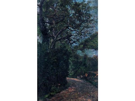 Emilio Bocciardo (1869 - 1939) Stradina nel bosco 37x22,5 cm Olio su cartoncino