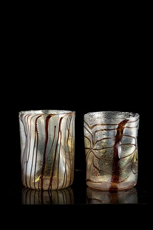 Manifattura di Murano, coppia di bicchieri in vetro soffiato incolore e...