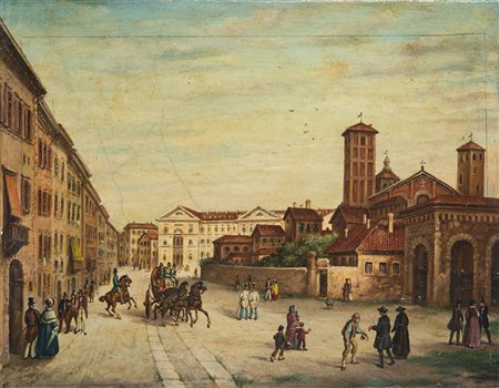 Ignoto "Milano, scorcio con la Basilica di Sant'Ambrogio" olio su tela (cm...