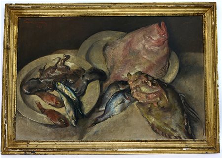Firma indecifrata, "Natura morta con pesci", olio su compensato (cm 56x85)...