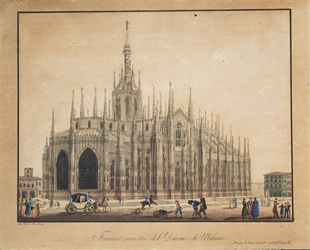 Giacomo Bussi "Fianco sinistro del Duomo di Milano" incisione acquarellata su...