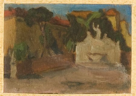 Agostino Giovannini, Piazza (Paesaggio), 1945 Olio su tavola, cm. 9,3x13,2...