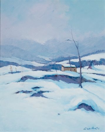 Gilberto Casellato, Nevicata in Valbruna, Tecnica mista su tavola, cm. 50x40...