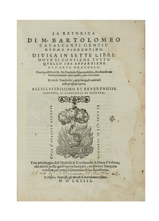 CAVALCANTI, Bartolomeo (1503-1562) - La retorica. Pesaro: Bartolomeo Cesano,...