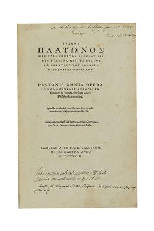 PLATONE (c. 427-347 A.C.) - Opera. In greco. Basilea: Johann Valderus,...
