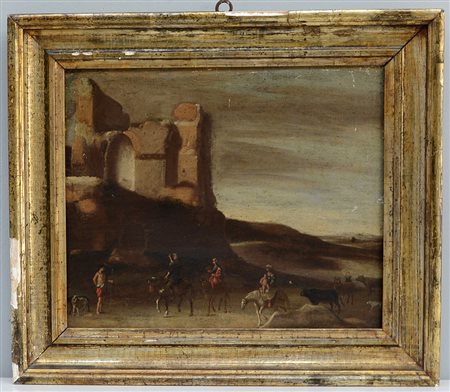 Ignoto "La fuga in Egitto " antico dipinto ad olio su tela (cm 35x43) in...
