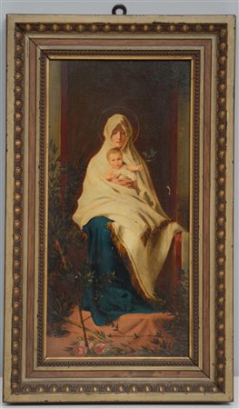 Ignoto "Madonna con Bambino" olio su tavoletta (cm33x16) In cornice (difetti)