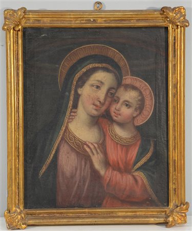 Scuola del secolo XVIII "Madonna con bambino" olio su tela (cm44,5x35,5) In...