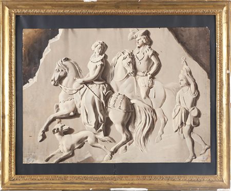 POGLIAGHI LUDOVICO (1857 - 1950) Coppia di cavalieri con cane e falconiere....