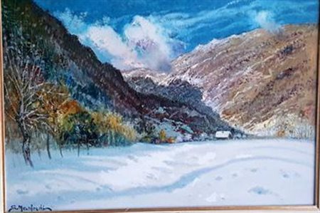Sergio Manfredi, "Nevicata in Val di Susa", olio su tavola cm 35x50, firma in...