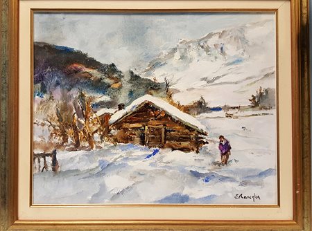 Edmondo Maneglia, "Baita nella neve", olio su tela cm 40x50, firma in basso a...