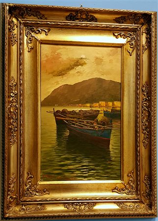 Vittorio Colucci, "Barche a riposo", olio su tela cm 30x50, firma in basso a...
