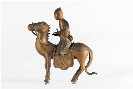 Arte Cinese Scultura in bronzo raffigurante un monaco a cavallo Cina, XIX...