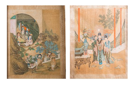 Arte Cinese Coppia di dipinti a tempera su seta raffiguranti scene di vita...