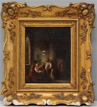 Artista del secolo XIX "Interno con figure" olio su tavola (cm 21,5x18) in...