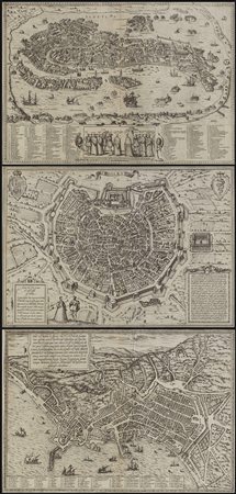 Tre incisioni del secolo XVII raffiguranti piante delle città di Napoli,...
