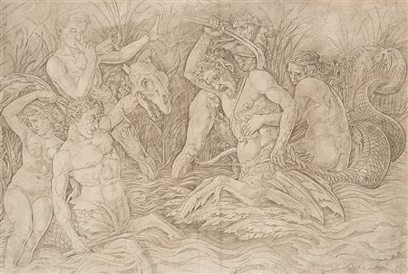 Copia da Mantegna "Zuffa di divinità marine" incisione a bulino (mm...